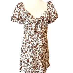 Jessica Simpson Floral Tie Front Dress Sz Lrg Cream Brown Cottagecore Boho Mini